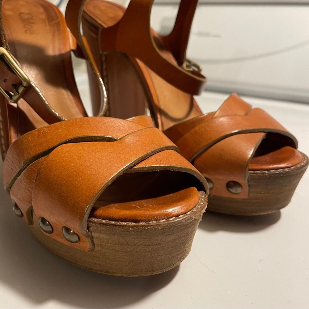 Chloe Clog Cognac Brown Platform Chunky Heels - Picture 12 of 17